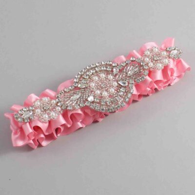Pink Satin Wedding Garter / Solid Pink Wedding Garters / Charlotte # (156-156)-01-A06-Silver