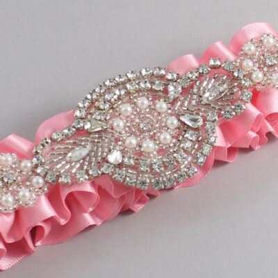 Pink Satin Wedding Garter / Solid Pink Wedding Garters / Charlotte # (156-156)-01-A06-Silver