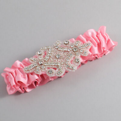 Pink Satin Wedding Garter / Solid Pink Wedding Garters / Heather # (156-156)-01-A07-Silver