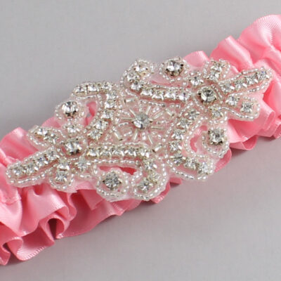 Pink Satin Wedding Garter / Solid Pink Wedding Garters / Heather # (156-156)-01-A07-Silver