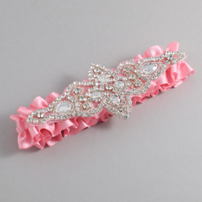 Pink Satin Wedding Garter / Solid Pink Wedding Garters / Lorine # (156-156)-01-A09-Silver