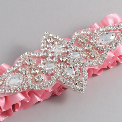 Pink Satin Wedding Garter / Solid Pink Wedding Garters / Lorine # (156-156)-01-A09-Silver