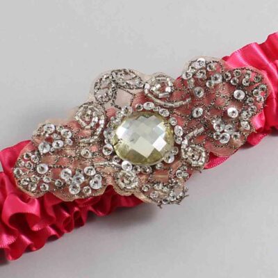 Camellia Rose Satin with Brown Wedding Garter / Pink Wedding Garters / Bijou # (157-157)-01-A01-Antique