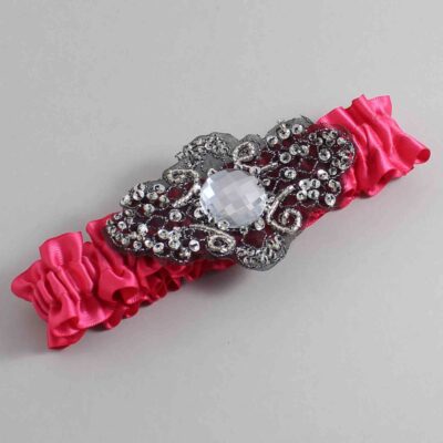 Camellia Rose Satin with Black Wedding Garter / Pink Wedding Garters / Bijou # (157-157)-01-A02-Black