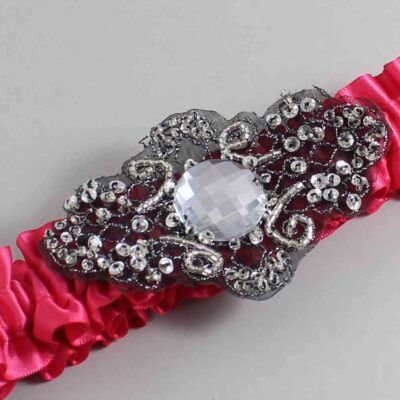 Camellia Rose Satin with Black Wedding Garter / Pink Wedding Garters / Bijou # (157-157)-01-A02-Black