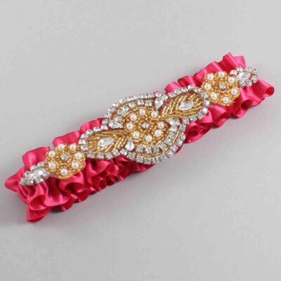 Camellia Rose Satin with Gold Wedding Garter / Pink Wedding Garters / Charlotte # (157-157)-01-A05-Gold