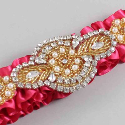 Camellia Rose Satin with Gold Wedding Garter / Pink Wedding Garters / Charlotte # (157-157)-01-A05-Gold