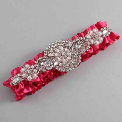 Camellia Rose Satin Wedding Garter / Solid Pink Wedding Garters / Charlotte # (157-157)-01-A06-Silver