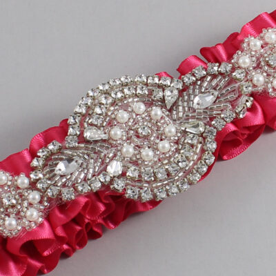 Camellia Rose Satin Wedding Garter / Solid Pink Wedding Garters / Charlotte # (157-157)-01-A06-Silver
