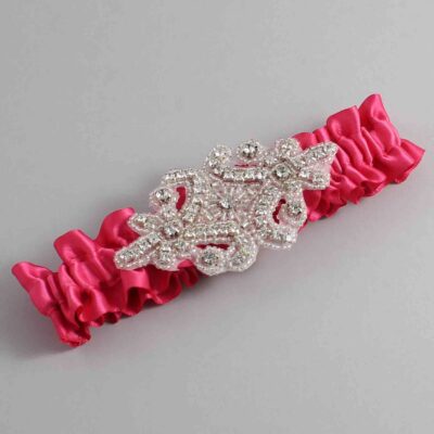 Camellia Rose Satin Wedding Garter / Solid Pink Wedding Garters / Heather # (157-157)-01-A07-Silver