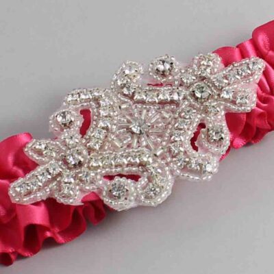 Camellia Rose Satin Wedding Garter / Solid Pink Wedding Garters / Heather # (157-157)-01-A07-Silver