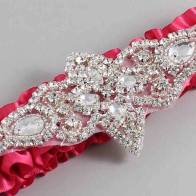 Camellia Rose Satin Wedding Garter / Solid Pink Wedding Garters / Lorine # (157-157)-01-A09-Silver