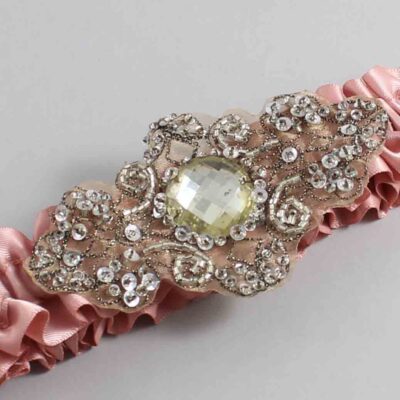 Sweet Nectar Satin with Brown Wedding Garter / Pink Wedding Garters / Bijou # (161-161)-01-A01-Antique