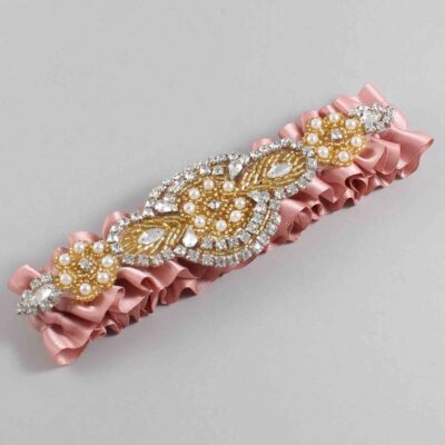 Sweet Nectar Satin with Gold Wedding Garter / Pink Wedding Garters / Charlotte # (161-161)-01-A05-Gold