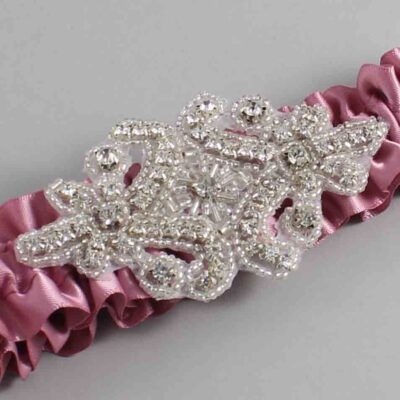 Rosy Mauve Satin Wedding Garter / Solid Pink Wedding Garters / Heather # (165-165)-01-A07-Silver