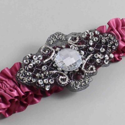 Victorian Rose Satin with Black Wedding Garter / Pink Wedding Garters / Bijou # (174-174)-01-A02-Black
