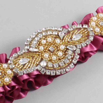 Victorian Rose Satin with Gold Wedding Garter / Pink Wedding Garters / Charlotte # (174-174)-01-A05-Gold