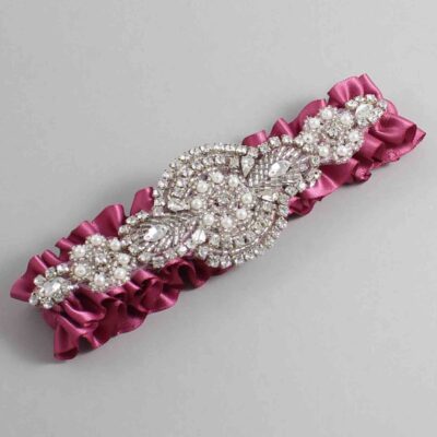 Victorian Rose Satin Wedding Garter / Solid Pink Wedding Garters / Charlotte # (174-174)-01-A06-Silver