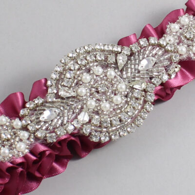 Victorian Rose Satin Wedding Garter / Solid Pink Wedding Garters / Charlotte # (174-174)-01-A06-Silver
