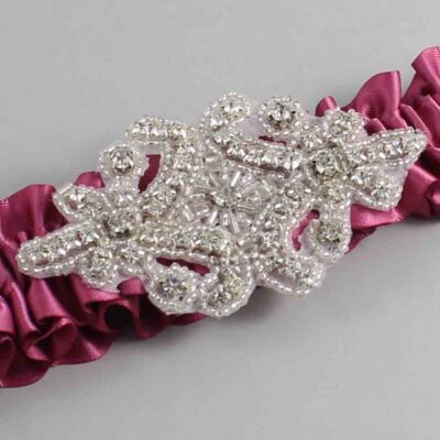 Victorian Rose Satin Wedding Garter / Solid Pink Wedding Garters / Heather # (174-174)-01-A07-Silver