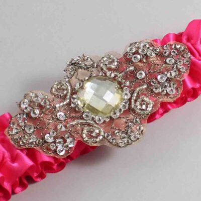 Hot Magenta Satin with Brown Wedding Garter / Pink Wedding Garters / Bijou # (175-175)-01-A01-Antique