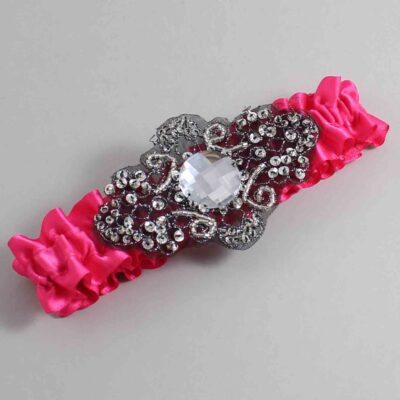 Hot Magenta Satin with Black Wedding Garter / Pink Wedding Garters / Bijou # (175-175)-01-A02-Black