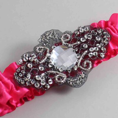 Hot Magenta Satin with Black Wedding Garter / Pink Wedding Garters / Bijou # (175-175)-01-A02-Black
