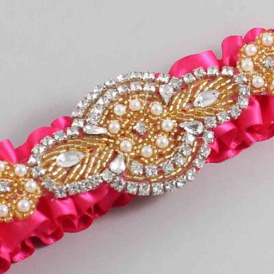 Hot Magenta Satin with Gold Wedding Garter / Pink Wedding Garters / Charlotte # (175-175)-01-A05-Gold