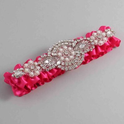 Hot Magenta Satin Wedding Garter / Solid Pink Wedding Garters / Charlotte # (175-175)-01-A06-Silver