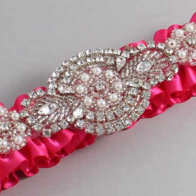 Hot Magenta Satin Wedding Garter / Solid Pink Wedding Garters / Charlotte # (175-175)-01-A06-Silver