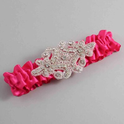 Hot Magenta Satin Wedding Garter / Solid Pink Wedding Garters / Heather # (175-175)-01-A07-Silver