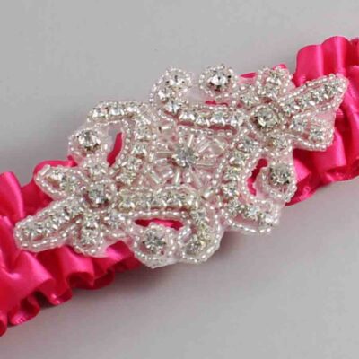 Hot Magenta Satin Wedding Garter / Solid Pink Wedding Garters / Heather # (175-175)-01-A07-Silver