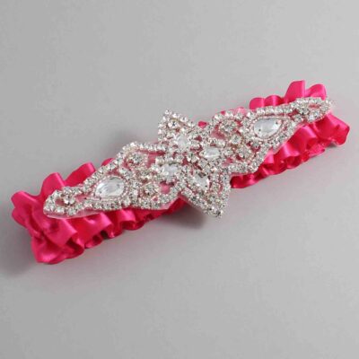 Hot Magenta Satin Wedding Garter / Solid Pink Wedding Garters / Lorine # (175-175)-01-A09-Silver