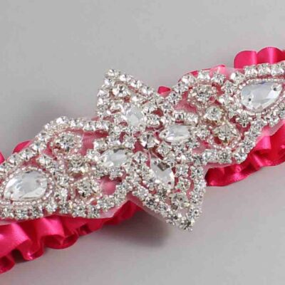 Hot Magenta Satin Wedding Garter / Solid Pink Wedding Garters / Lorine # (175-175)-01-A09-Silver