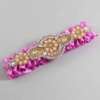 Rose Bloom Satin with Gold Wedding Garter / Pink Wedding Garters / Charlotte # (182-182)-01-A05-Gold