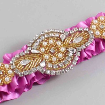 Rose Bloom Satin with Gold Wedding Garter / Pink Wedding Garters / Charlotte # (182-182)-01-A05-Gold
