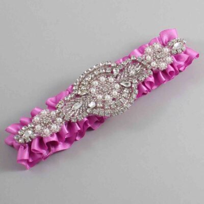 Rose Bloom Satin Wedding Garter / Solid Pink Wedding Garters / Charlotte # (182-182)-01-A06-Silver