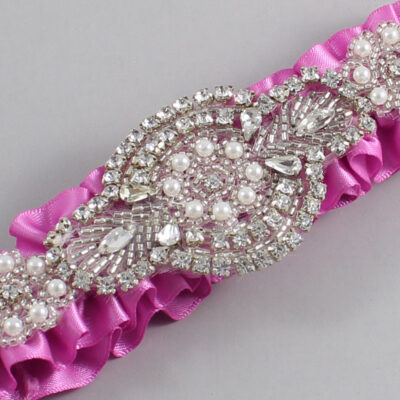 Rose Bloom Satin Wedding Garter / Solid Pink Wedding Garters / Charlotte # (182-182)-01-A06-Silver