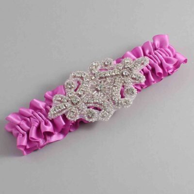 Rose Bloom Satin Wedding Garter / Solid Pink Wedding Garters / Heather # (182-182)-01-A07-Silver