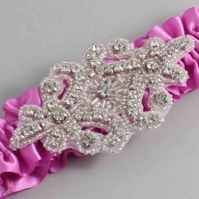 Rose Bloom Satin Wedding Garter / Solid Pink Wedding Garters / Heather # (182-182)-01-A07-Silver