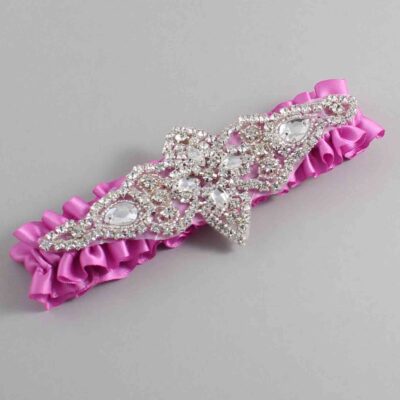 Rose Bloom Satin Wedding Garter / Solid Pink Wedding Garters / Lorine # (182-182)-01-A09-Silver
