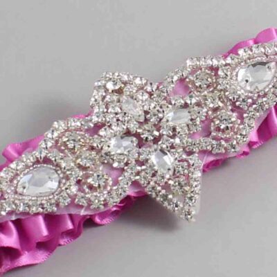 Rose Bloom Satin Wedding Garter / Solid Pink Wedding Garters / Lorine # (182-182)-01-A09-Silver