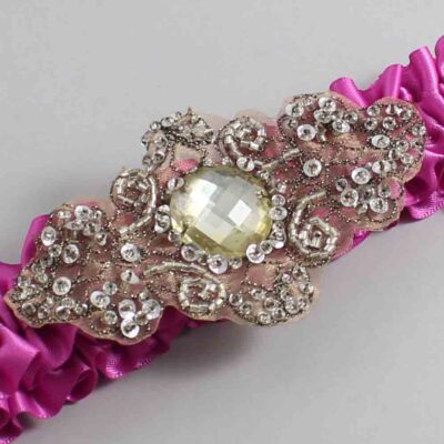 Garden Rose Satin with Brown Wedding Garter / Pink Wedding Garters / Bijou # (183-183)-01-A01-Antique