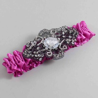 Garden Rose Satin with Black Wedding Garter / Pink Wedding Garters / Bijou # (183-183)-01-A02-Black