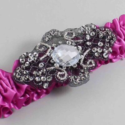 Garden Rose Satin with Black Wedding Garter / Pink Wedding Garters / Bijou # (183-183)-01-A02-Black