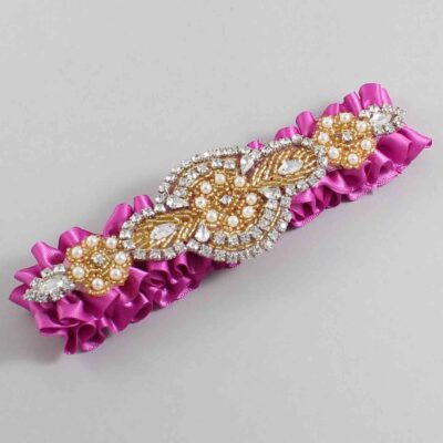 Garden Rose Satin with Gold Wedding Garter / Pink Wedding Garters / Charlotte # (183-183)-01-A05-Gold