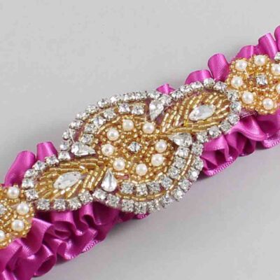 Garden Rose Satin with Gold Wedding Garter / Pink Wedding Garters / Charlotte # (183-183)-01-A05-Gold