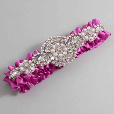 Garden Rose Satin Wedding Garter / Solid Pink Wedding Garters / Charlotte # (183-183)-01-A06-Silver