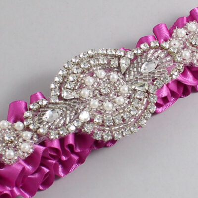 Garden Rose Satin Wedding Garter / Solid Pink Wedding Garters / Charlotte # (183-183)-01-A06-Silver