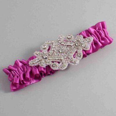 Garden Rose Satin Wedding Garter / Solid Pink Wedding Garters / Heather # (183-183)-01-A07-Silver